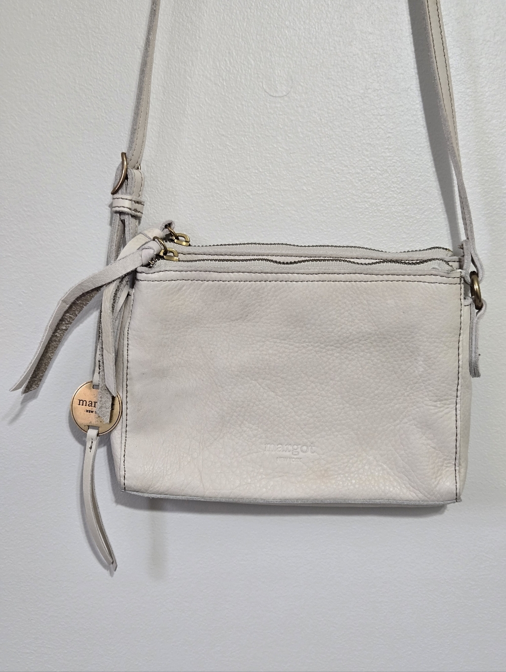 Margot New York Ivory Pebbled Leather Small Crossbody Bag Purse Adjustable Strap